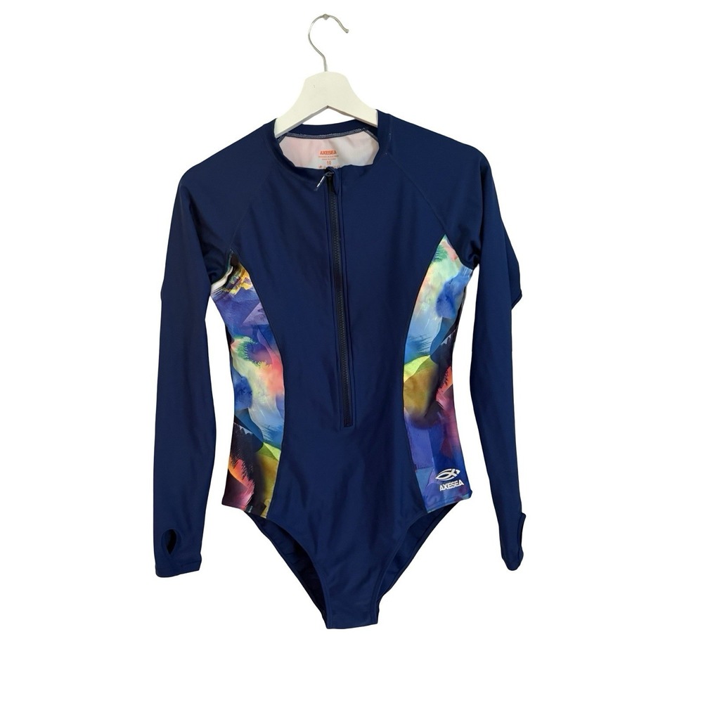AXESEA Blue Long Sleeve Front Zip Rash Guard Accents OnePiece Swimsuit Size 10